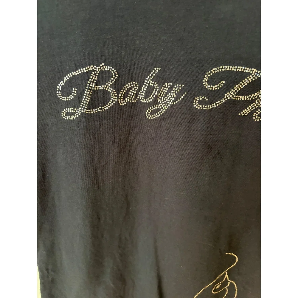 Baby Phat T-Shirt Girls XL Navy Blue Rhinestone Logo Y2K Ringer Short Sleeve Tee